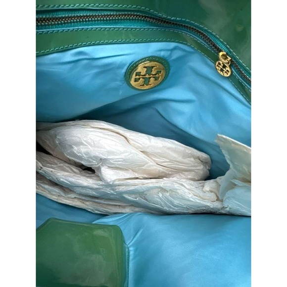 NWD Tory Burch Patent Leather Contrast T-Tote Bag Yellow Turquoise One Size - Picture 5 of 15